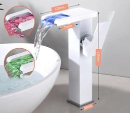 Bathroom Sink Faucets LED Stainless Steel Waterfall Faucet And Cold Colour Changing Mixer Tap Square Wash Basin Cabinet