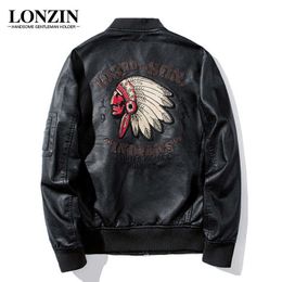 Indian Embroidered Men's Leather Jacket Plush Thickened Handsome Motorcycle Suit Pilot Trend Coat