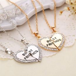 Whole- 1 Set Friend Necklace Pendant Heart Silver Rhinestone BFF Friendship Half a Person Necklace for Men Women Fashion 265r