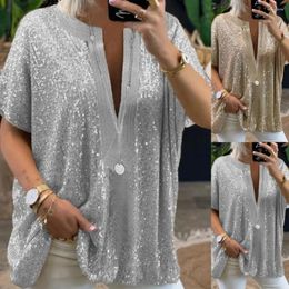 Women's T Shirts Summer Women Sequined T-Shirt Short-Sleeved Urban Casual Solid Shirt Tops V Neck Party Loose Pullover Blousa