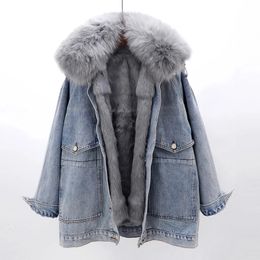 Removable Real Fur Collar Rabbit Liner Denim Jacket Women Winter Loose Thick Warm Jeans Jackets Parka Female Outerwear 231220