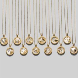 Pendant Necklaces 925 Sterling Silver 12 Zodiac Necklace Shell Round Coin Constellation For Women Jewellery Party Gift2489