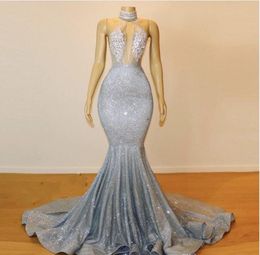 new Sexy Sheer Sequins Mermaid Long Prom Dresses high neck Tulle Beaded Lace Applique Sweep Train Backless Party Evening Dresses