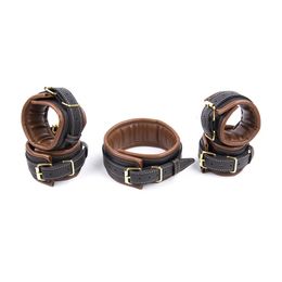 Bondage 3pcs Bdsm Bondage Set Sex Slave Collar Bdsm Leather Handcuffs Sexy Ankle cuffs Sex Bondage Couple Sex Toys for Womans 231219