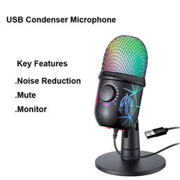 USB Condenser Gaming Microphone with RGB Light Podcast Self Media LED Mic Noise Cancellation Microphones