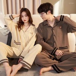Women's Sleepwear Spring And Autumn Long-sleeved Korean Cardigan Cotton Two-piece Set Casual V-neck Couples Pajamas Women Pajama Man