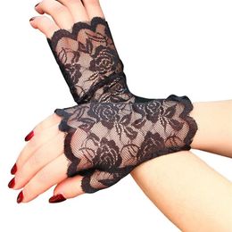 Fashion Women Lace Floral Long Fingerless Gloves Half Finger Fishnet Gloves Mitten Hollow Solid Summer Sunscreen Black 2020 New252b