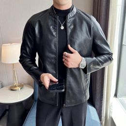 Men's Jackets 2023 Spring And Autumn Handsome Fashion Stand Neck Long Sleeve Moto Biker Leather Jacket Solid Colour Zipper Loose Coat