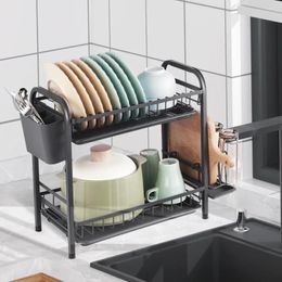 Kitchen Storage BENTISM 2 Tier Dish Drying Racks Drainer With Tray Utensil Holder Drain Board Organisers For