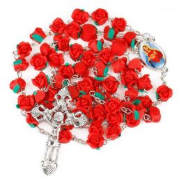 Five Decade Our Lady 8mm Polymer Clay Rose Beads Rosary Catholic Necklace With Holy Soil Medal Crucifix Religious Cross Necklace1245I