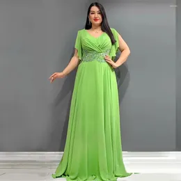 Ethnic Clothing Elegant Evening Dress For Women V Neck Beads Appliques Pleated Floor-Length 2023 Pretty Chiffon Solid Color Bridesmaid