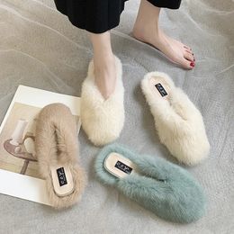 Slippers Autumn Winter Rabbit Hair Korean Baotou Flat Bottom Slippers Same Style Outwear Fur Half Slippers for Women 231219