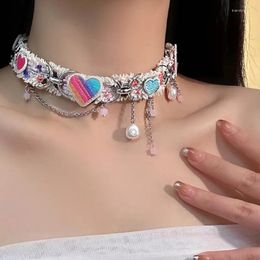 Choker Colourful Love Heart Plush Tassel Beads Necklace For Women Sweet Cool Y2k Aesthetic Collar Chain Harajuku Trendy Jewellery