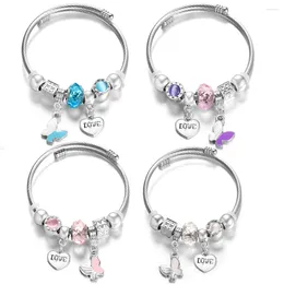 Bangle Fashion Stainless Steel 4 Colours Butterfly Heart Shaped Pendant Crystal Beaded Bracelet Closure Adjustable Women Bangles Jewellery