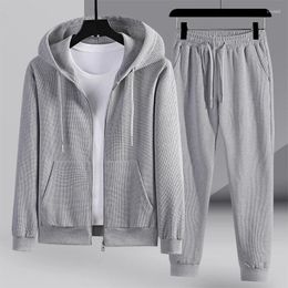 Men's Tracksuits Mens Waffle Two Pieces Set Zipper Hooded Coat Slim Pants Casual Solid Outfit Fashion Streetwear Autumn