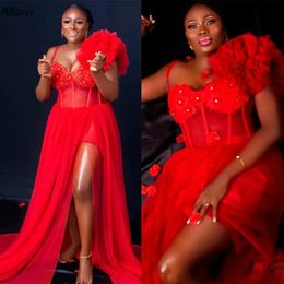Gorgeous Red Ruffles Straps Evening Dresses For African Women Sequined Thigh Split Romantic Tulle Prom Formal Gowns Plus Size Engament Reception Party Dress CL3096