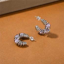 French Fashion Trend High-End Metal Lines Inlaid With Purple Pearl Earrings Women's Light Luxury Commuting Spring Design charm