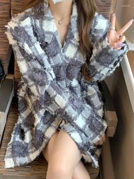 Women's Suits UNXX Autumn Women Blazers Lapel Colour Contrast Tassel Vintage Plaid Suit Coat Loose Cardigans Clothing Tops Harajuku Coats