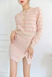 Self Portrait Round Neck Colored Striped Plush Coat Women's High Waist Split Half Skirt Set Two Piece Set