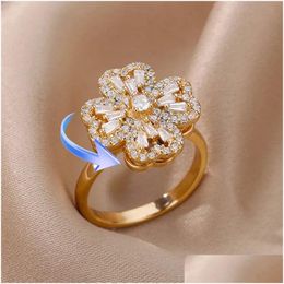 Band Rings Band Rings Rotating Four Clover Wedding For Women Stainless Steel Anti- Anxiety Ring Adjustable Aesthetic Jewelry Anillos D Dhbnb