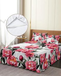 Bed Skirt Peony Flower Ink Painting Elastic Fitted Bedspread With Pillowcases Protector Mattress Cover Bedding Set Sheet