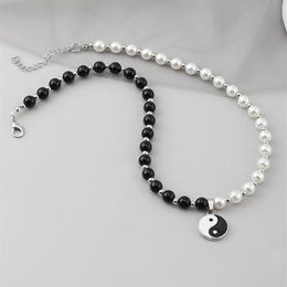 Chokers Round Pearl Beads Yin Yang Taichi Pendant Stainless Steel Chain Unisex Necklace Couple Jewellery Women Mens2666