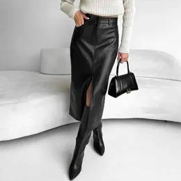 Skirts Retro Plus Velvet Slim Leather Skirt High Waist Slit Designer Solid Warm Winter Korean Fashion Clothing Black For Women