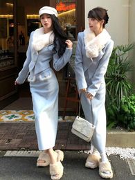 Two Piece Dress French Fashion Office Ladies Blue Skirt Suits 2 Pieces Set For Women Long Sleeve Single Breasted Short Blazer Pocket Midi