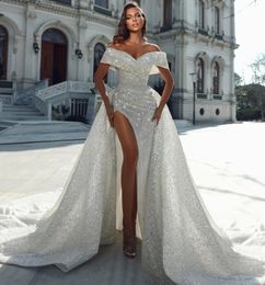 Sparkly Sequined Mermaid Wedding Dresse With Detachable Train Split Bridal Gown Church Off The Shoulder Vestidos De Novia Custom