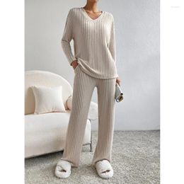 Women's Two Piece Pants Ribbed Knit 2 Pieces Set Women V Neck Loose T Shirt Top And Straight Suit Fashion Casual Elegant Woman Tracksuit