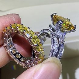 Choucong Brand Couple Wedding Rings Luxury Jewellery 925 Sterling Silver Large Princess Cut Gold Topaz CZ Diamond Gemstones Party Wo227C