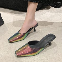 Slippers Luxury Bling Women 2024 Spring Fashion Casual Shoes Slingback Flip Flops Mid Heels Sandals Zapatillas Mujer Slides