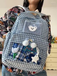 School Bags Korean Preppy Plaid High-capacity Backpack Cute Bear Star Patchwork Y2k Aesthetic Sport Travel Bag Mochilas Para Mujer