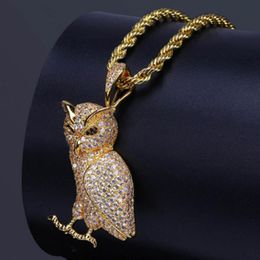 Luxury Iced Out Stainless Steel Animal Owl Pendant Necklace with 60cm Rope Chain Micro Pave Cubic Zirconia Simulated Diamonds Pend229H