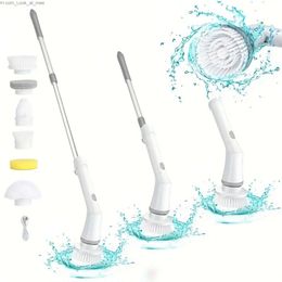 Cleaning Brushes 1 Set Electric Spin Scrubber Cleaning Brush Long Handled Shower Scrubber Tub Tile Scrubber With 6 Replaceable Brush Heads Q231220