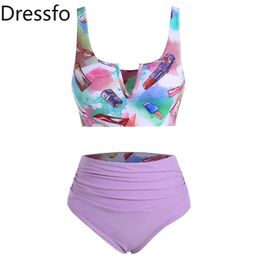 Dress Dressfo Makeup Print Deep VNeck Ruched Reversible Tankini Set Women Bathing Set Swimwear Swimsuits Bikini Beachwear 2023