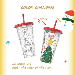 Tumblers 710 ML Christmas Theme Tumbler Cup Temperature-sensitive Colour Changing With Lid And Straw Food-grade Portable For Coffee Drinks