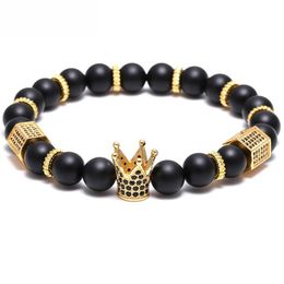 bracelet Pave Black CZ Zirconia Gold King Crown Charm Bracelet Men Stone Bead Bracelet valentine mens Jewellery handmade227b