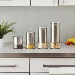 Storage Bottles Jars Essence 4 Piece Stainless Steel Food Canister Set Container Kitchen Containers Drop Delivery Home Garden Housekee Dh6Vr