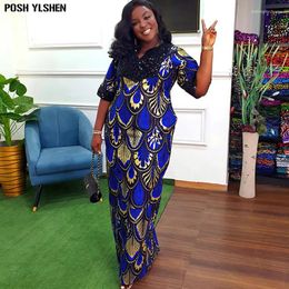 Ethnic Clothing Sequins African Long Dresses For Women 2023 Traditional Nigeria Flower Print Slit Caftan Dress Abaya Musulman Robe Femme