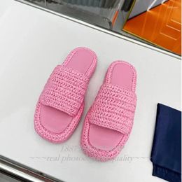 Slippers Summer Thick Soled Flat Women's Teng Grass Woven Candy Colour Roman Casual Beach Shoes