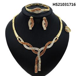 Yulaili Est Dubai Gold Jewelry Sets Red Rhinestone Necklace Earrings Charm Brangle Ring Women Party Jewelery Set Whole262C
