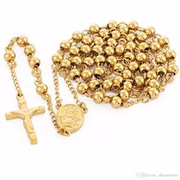 High Quality Stainless Steel Beads Necklace Gold Colour Rosary Necklaces Pendants Jesus Christ Cross Long Y Chain Men Women Jewelry334E