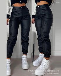 Women's Pants Pocket Design Cuffed PU Leather Women Black Solid Colour Ankle Length Cargo Safari Trousers Pockets