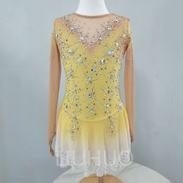 LIUHUO Figure Skating Dress Girls Teens Long Sleeves Yellow Ice Skating Dance Skirt Quality Crystals Dancewear Ballet Performance