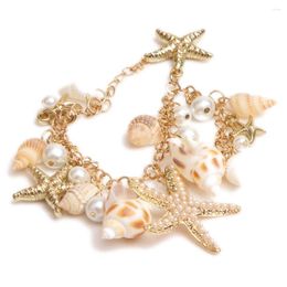 Charm Bracelets Sell High Quality Ocean Style Multi Starfish Sea Star Conch Shell Simulated-Pearl Chain Beach Bracelet Bangle Novelty