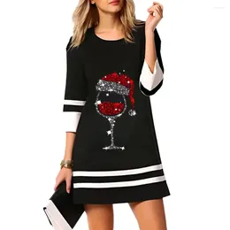 Casual Dresses Women Mini Dress Christmas Tree Elk Wine Cup Pattern For Pullover Streetwear With O-neck 3/4 Sleeve Autumn