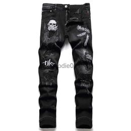 Men's Jeans Spring 2022 New Ripped Black Jeans Men's Fashion Skull Embroidery Slim Stretch Pants Nightclub Motorcycle Trend Clothing L231220