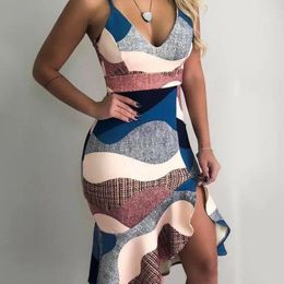 Casual Dresses Colorblock Slit Ruffles Irregular Dress 2023 Women Sexy Sling V Neck High Waist Party Hip Short Vestidos