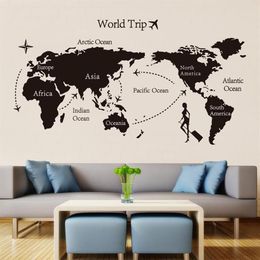 Black World Trip map Vinyl Wall Stickers for Kids room Home Decor office Art Decals 3D Wallpaper Living room bedroom decoration201K